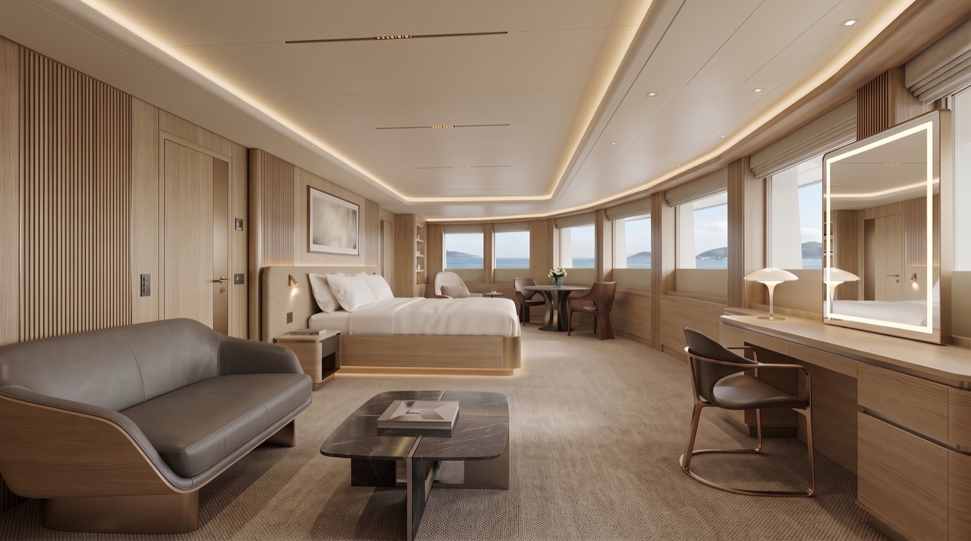 Master cabin interior with custom-modeled joinery and furniture, built to project specification