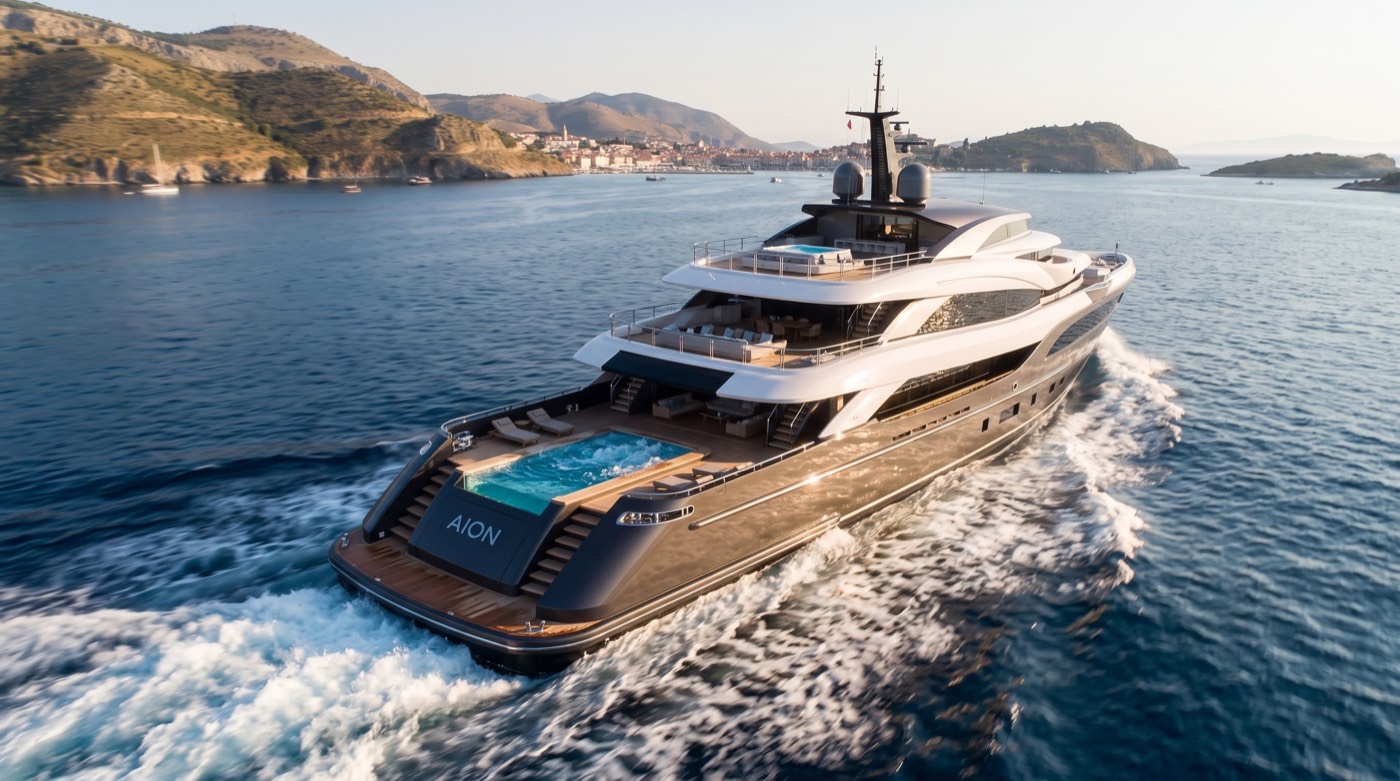 Superyacht underway at golden hour near a coastal town